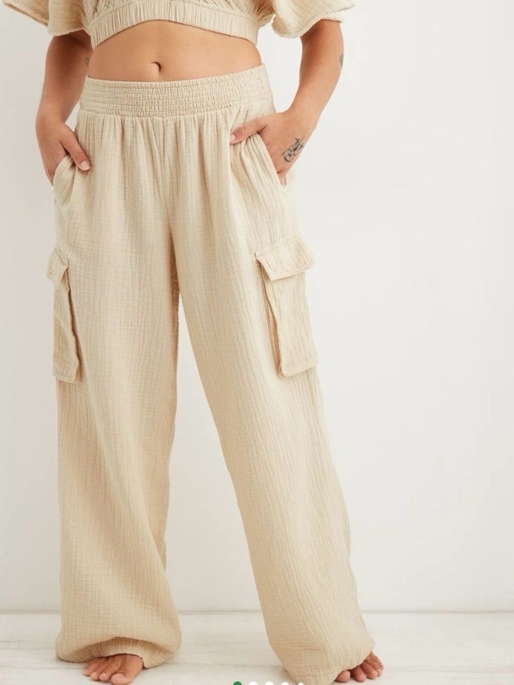 aerie Cream Gauze Wide-Leg Cargo Pants Size XS/S